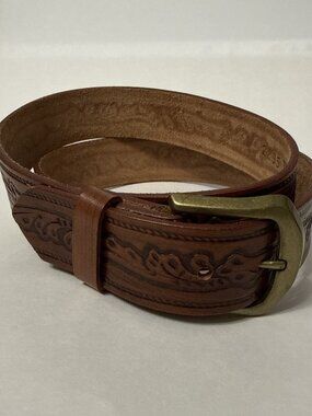 Levi's Tooled Full Grain Steerhide Leather Work Western Belt Size 34 Brown EUC
